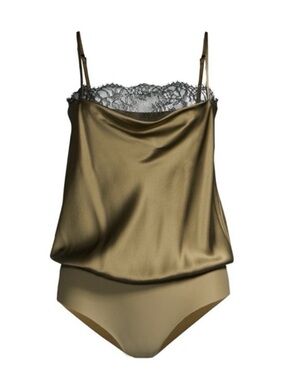 CAMI NYC Romy Silk Bodysuit Black Lace Trim Bodysuit in Olive Green Sz XS